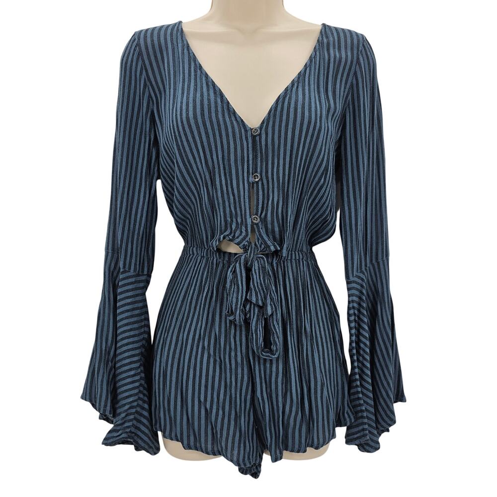 Billabong Womans size M Sittin Pretty Long Bell Sleeve Stripe Romper Blue/Black